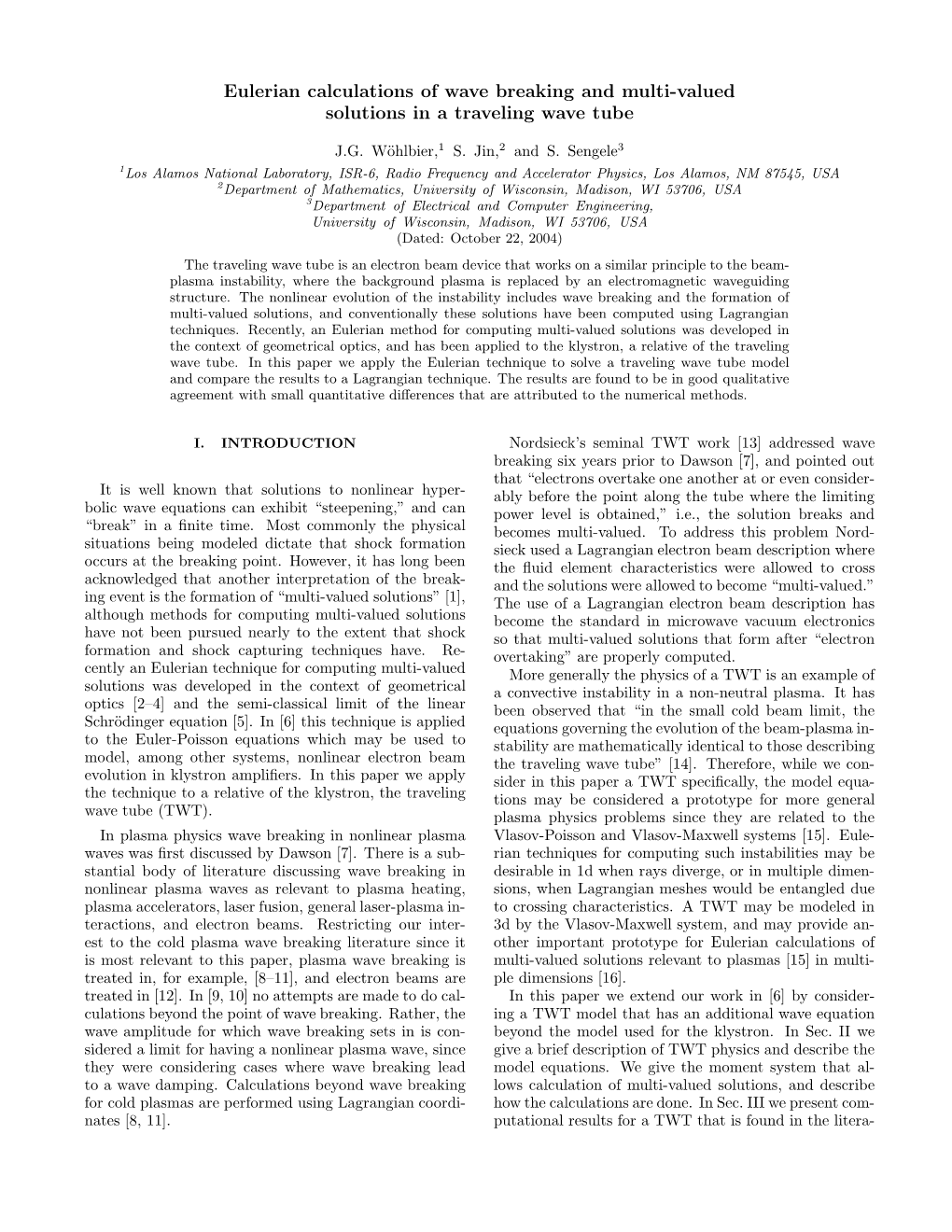 Eulerian Calculations of Wave Breaking and Multi-Valued Solutions in a Traveling Wave Tube