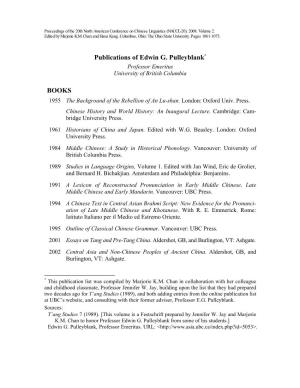 Publications of Edwin G. Pulleyblank* Professor Emeritus University of British Columbia