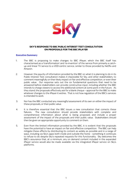 Sky’S Response to Bbc Public Interest Test Consultation on Proposals for the Bbc Iplayer