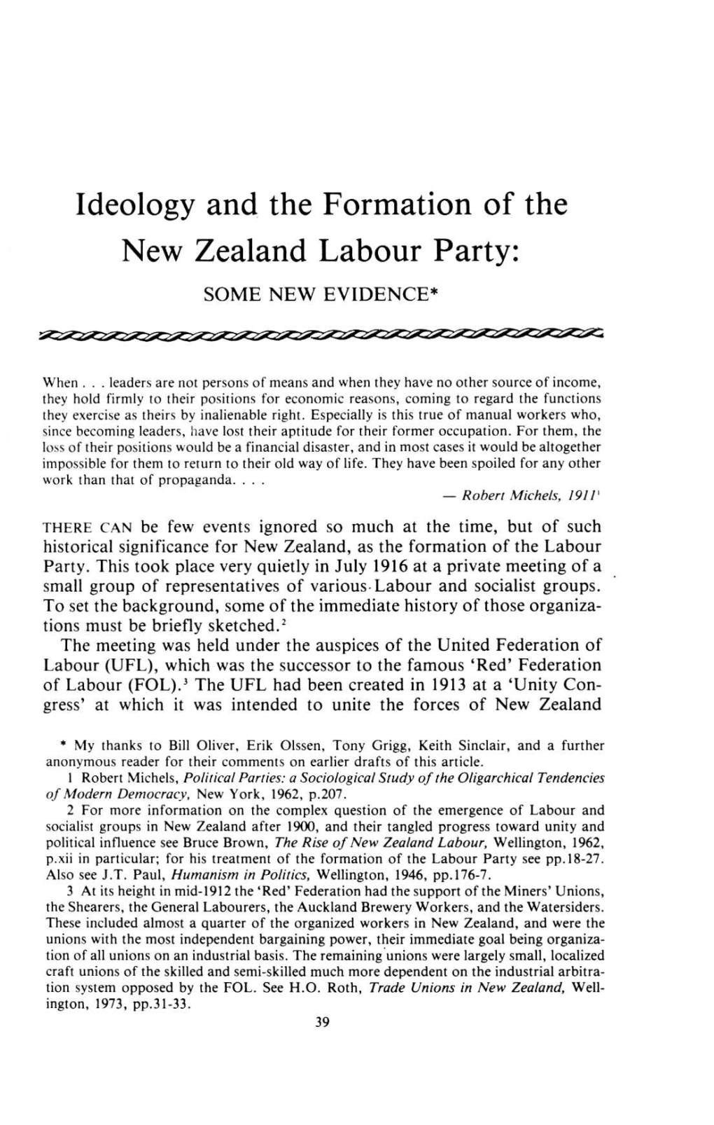 Ideology and the Formation of the New Zealand Labour Party: SOME NEW EVIDENCE*