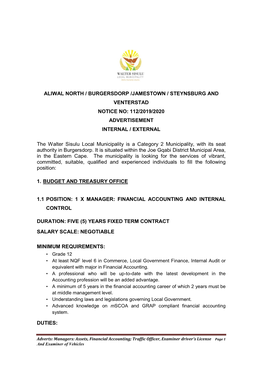 Aliwal North / Burgersdorp /Jamestown / Steynsburg and Venterstad Notice No: 112/2019/2020 Advertisement Internal / External