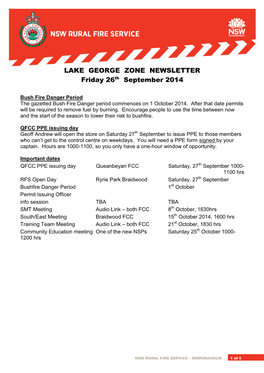 LAKE GEORGE ZONE NEWSLETTER Friday 26Th September 2014