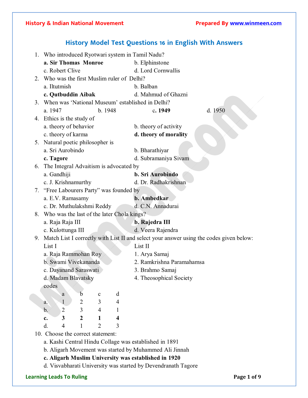 History Model Test Questions 16 in English with Answers 1