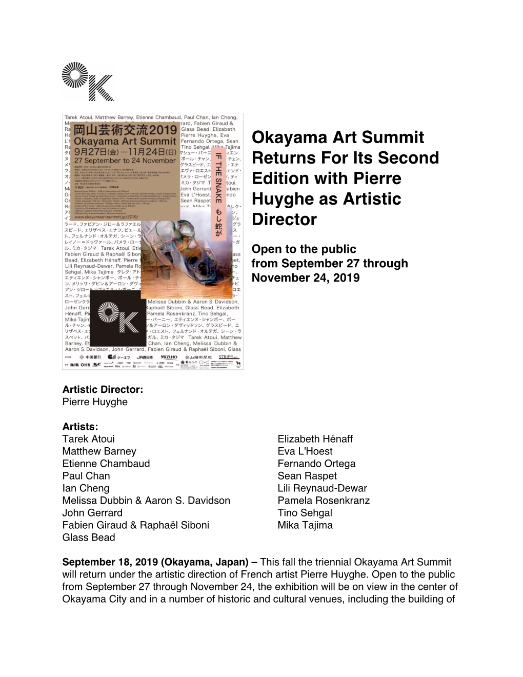 Okayama Art Summit Returns for Its Second Edition with Pierre Huyghe As Artistic Director