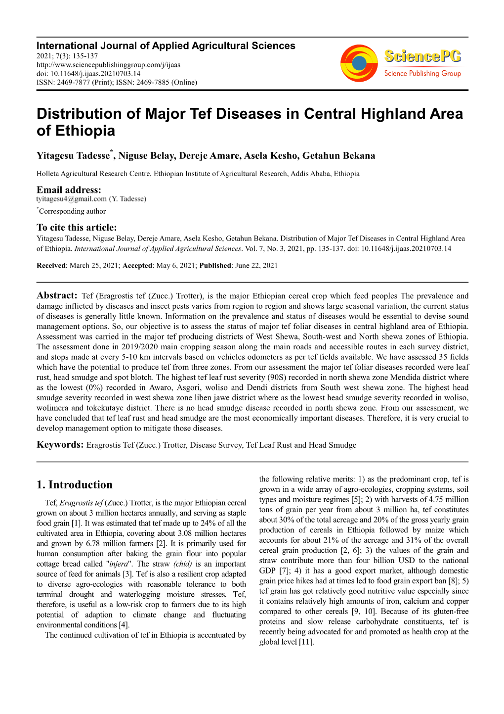 Distribution of Major Tef Diseases in Central Highland Area of Ethiopia