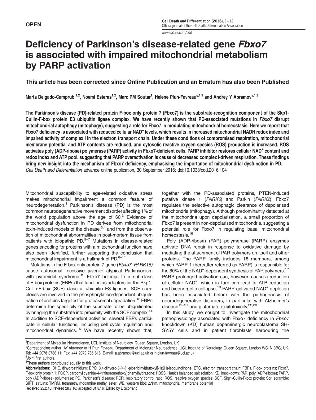 Deficiency of Parkinson's Disease-Related Gene Fbxo7 Is