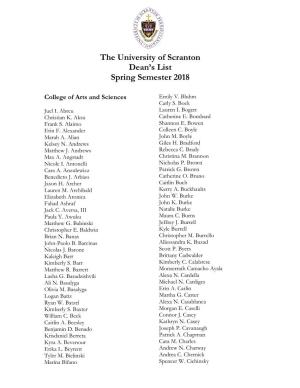 The University of Scranton Dean's List Spring Semester 2018