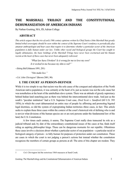 THE MARSHALL TRILOGY and the CONSTITUTIONAL DEHUMANIZATION of AMERICAN INDIANS by Nathan Goetting, MA, JD, Adrian College