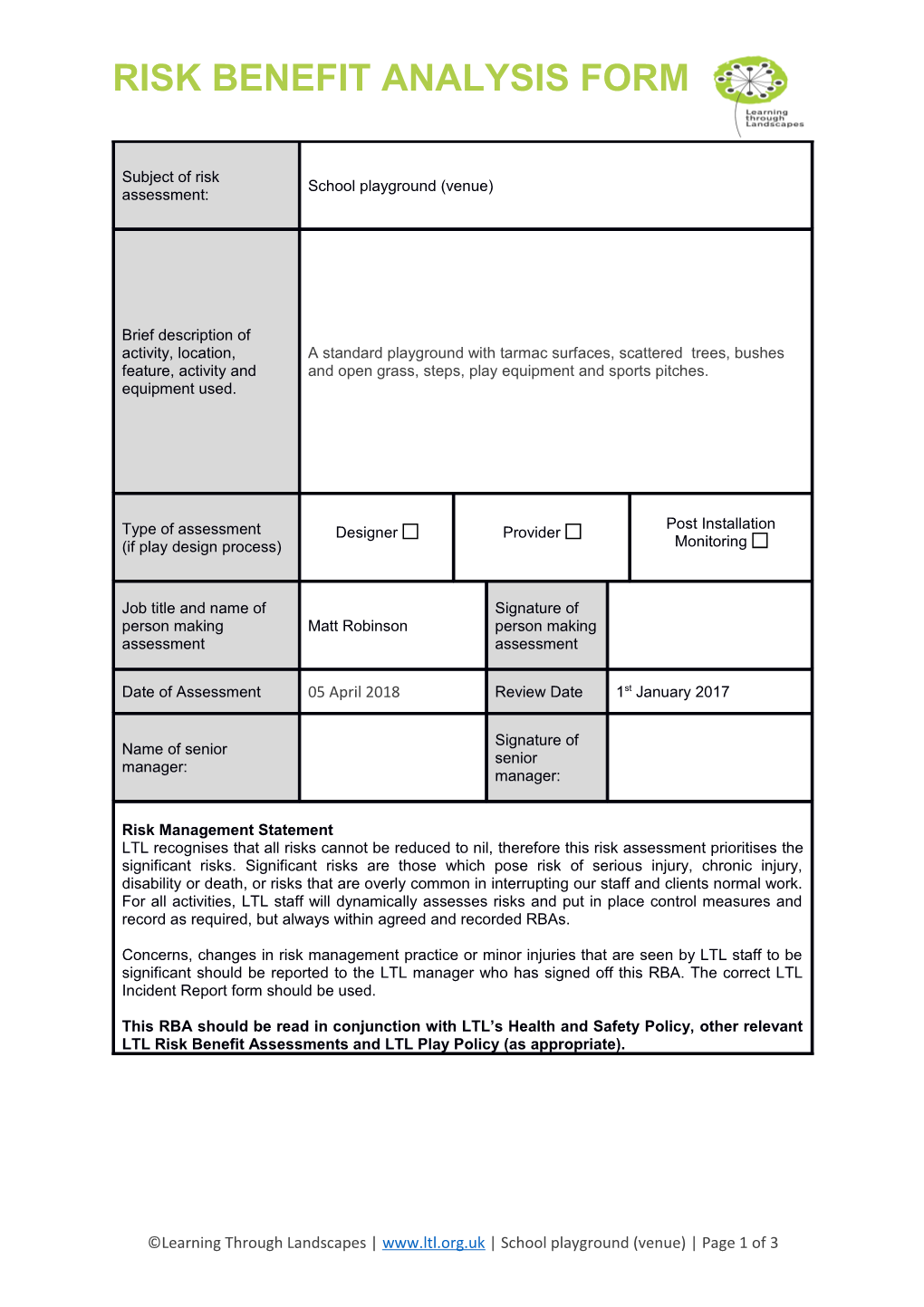 Risk Benefit Analysis Form