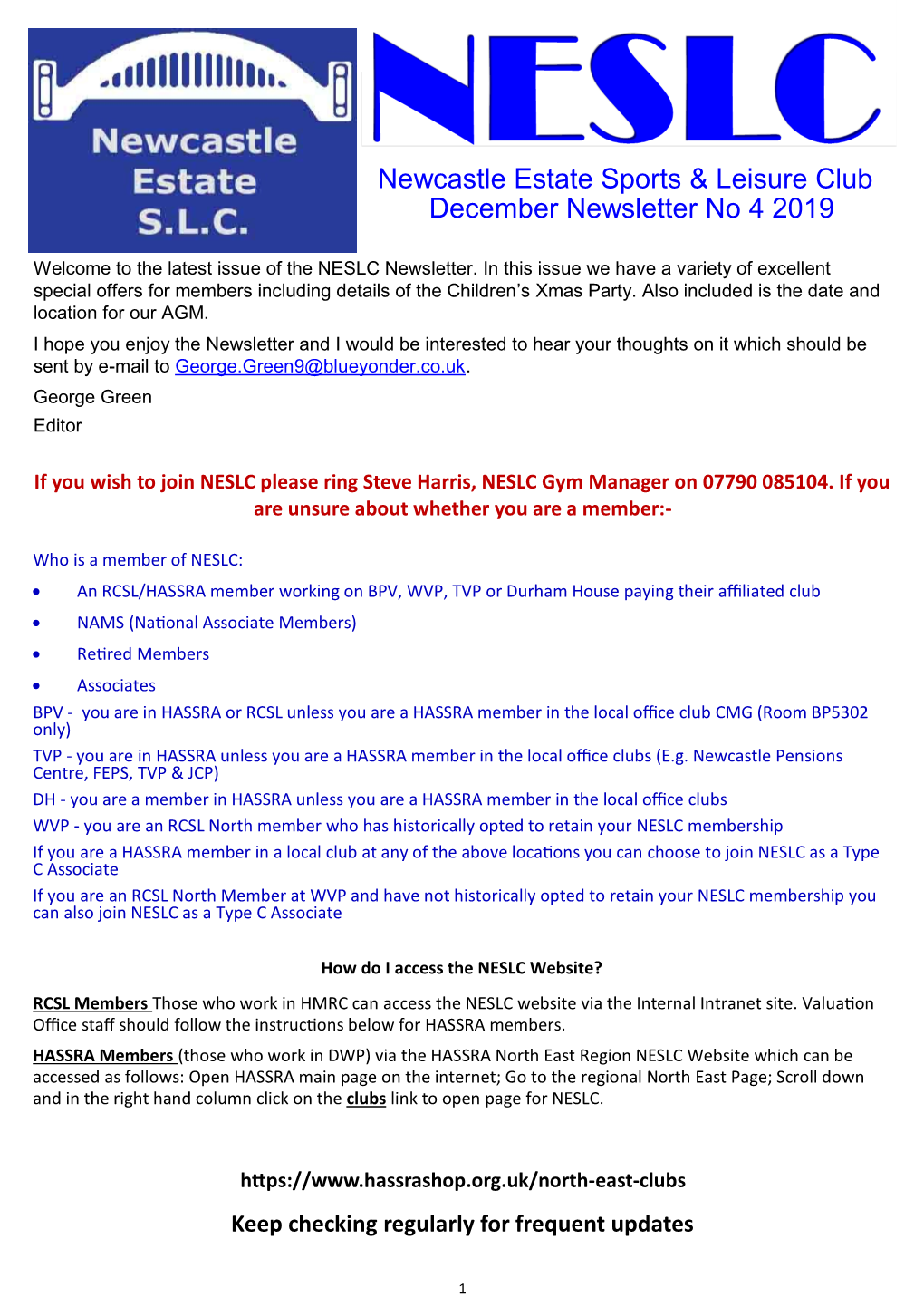 Newcastle Estate Sports & Leisure Club December Newsletter No 4 2019