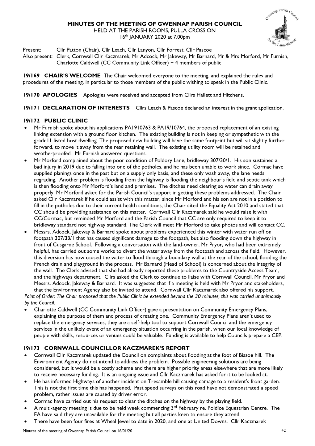 MINUTES of the MEETING of GWENNAP PARISH COUNCIL HELD at the PARISH ROOMS, PULLA CROSS on 16Th JANUARY 2020 at 7.00Pm Present