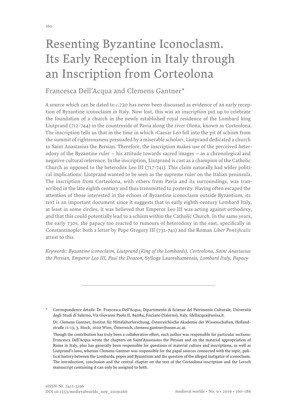 Resenting Byzantine Iconoclasm. Its Early Reception in Italy Through an Inscription from Corteolona