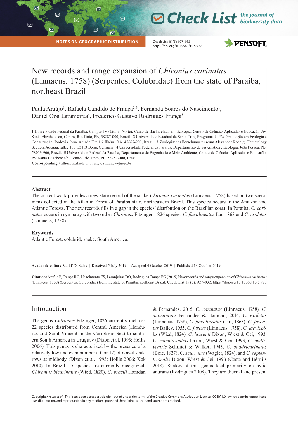 Chironius Carinatus (Linnaeus, 1758) (Serpentes, Colubridae) from the State of Paraíba, Northeast Brazil