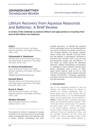 Lithium Recovery from Aqueous Resources and Batteries