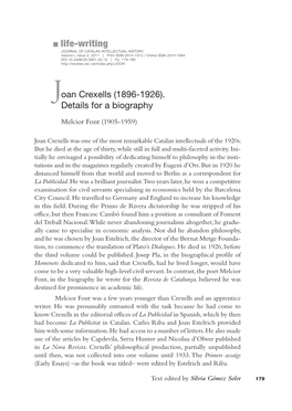 Life-Writing Journal of Catalan Intellectual History, Volume I, Issue 2, 2011 | Print ISSN 2014-1572 / Online ISSN 2014-1564 DOI 10.2436/20.3001.02.13 | Pp