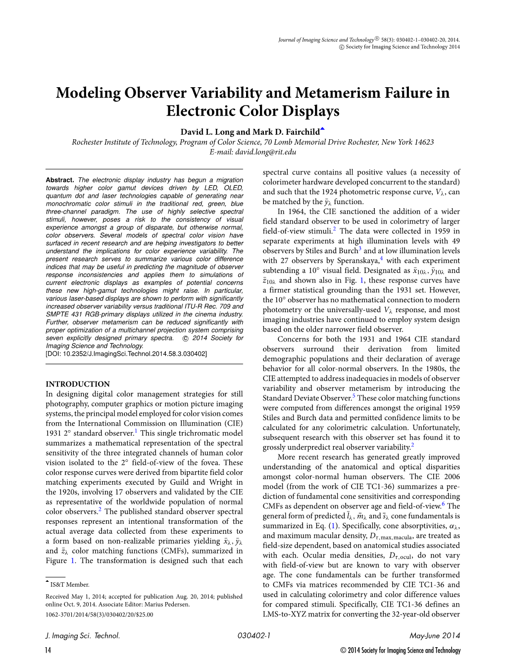 Modeling Observer Variability and Metamerism Failure in Electronic Color Displays David L