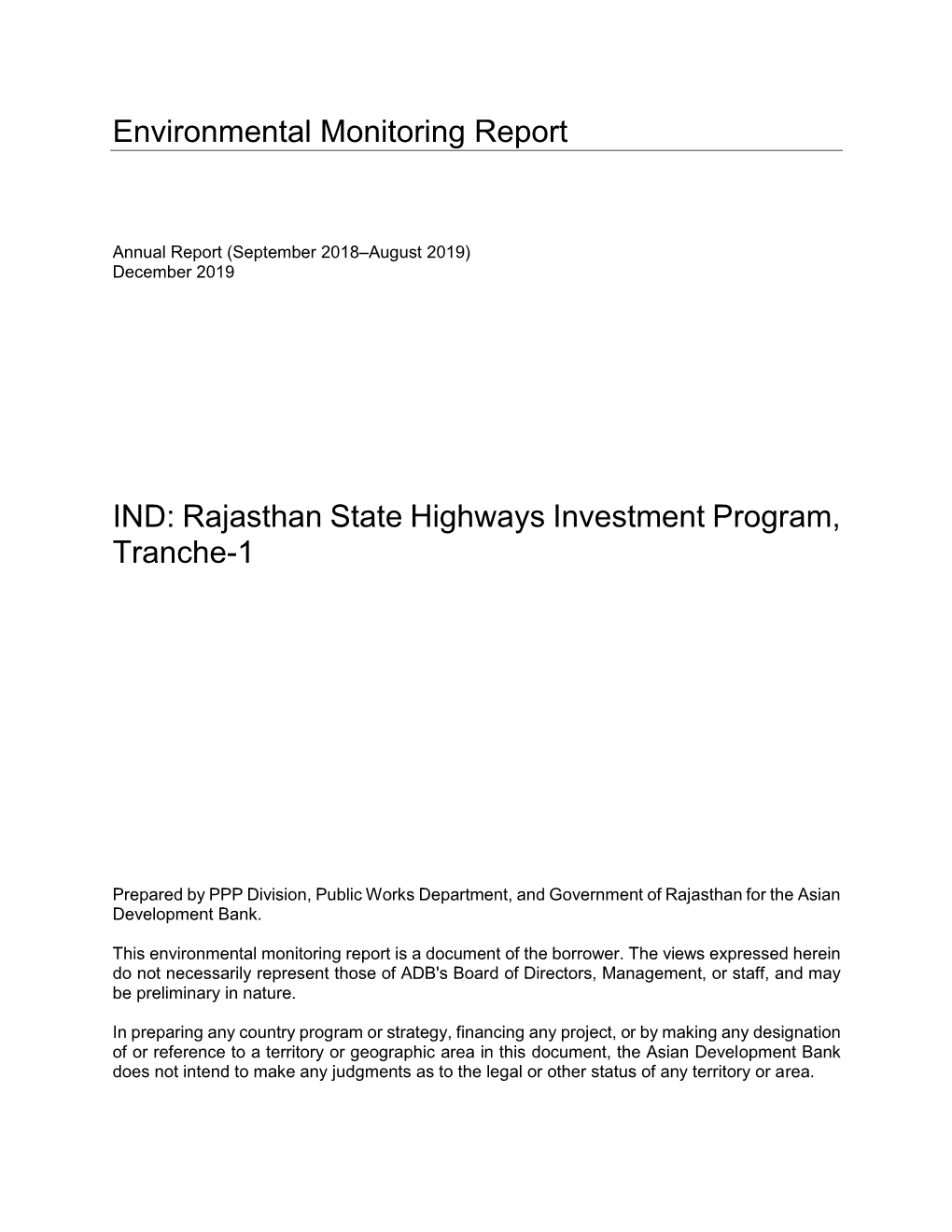 Rajasthan State Highway Investment Program