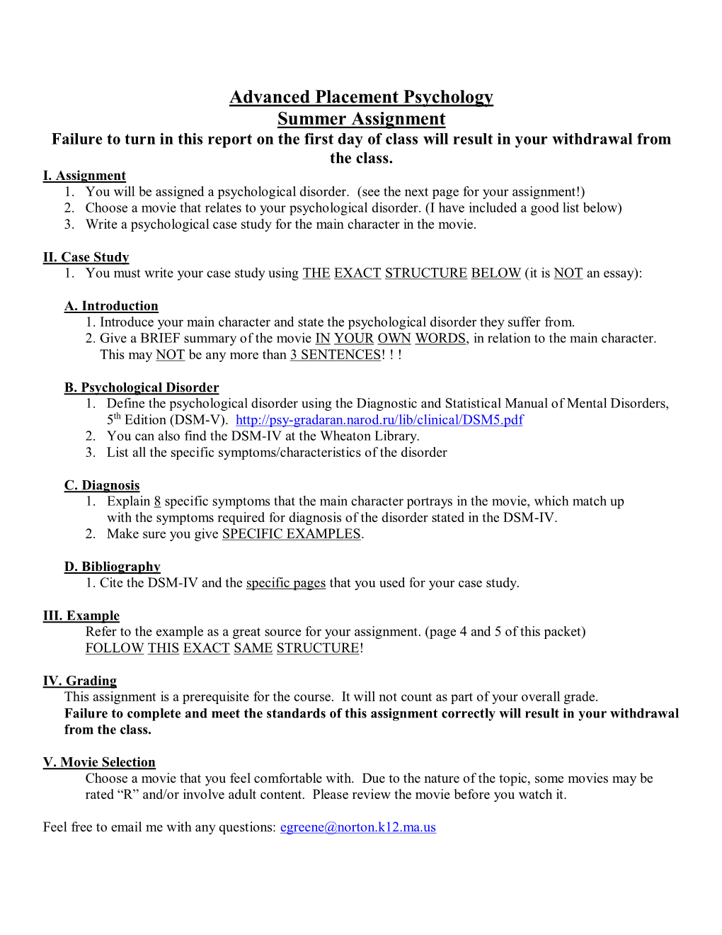 Advanced Placement Psychology Summer Assignment Failure to Turn in This Report on the First Day of Class Will Result in Your Withdrawal from the Class