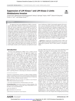 Suppression of LIM Kinase 1 and LIM Kinase 2 Limits Glioblastoma Invasion Joseph Chen1, Badriprasad Ananthanarayanan1, Kelsey S