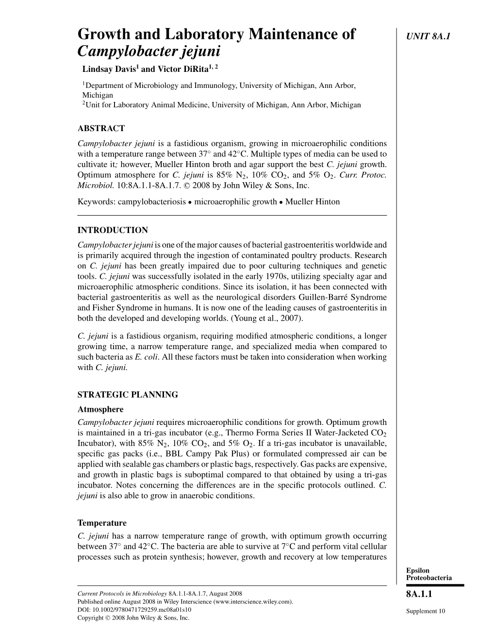 Growth and Laboratory Maintenance of Campylobacter Jejuni