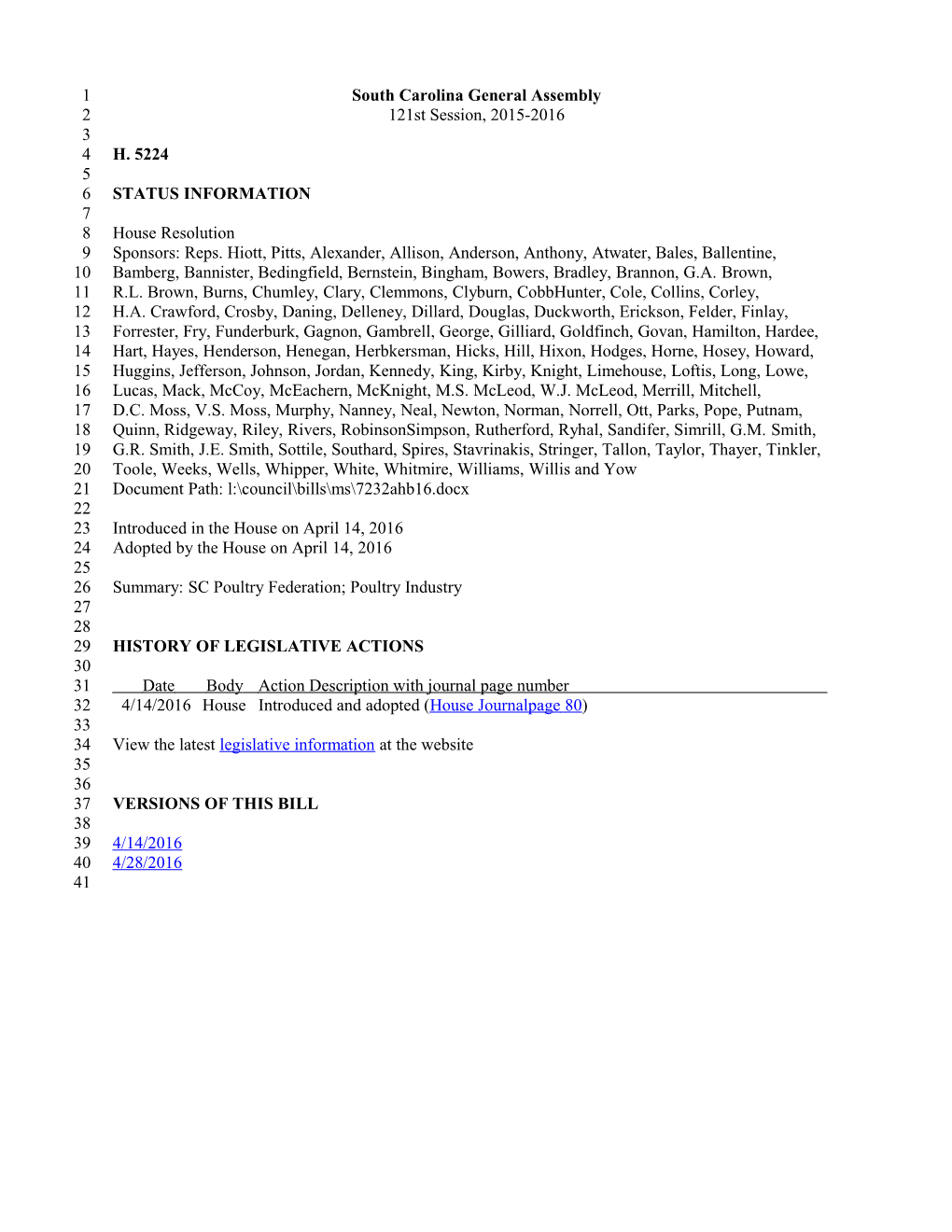 2015-2016 Bill 5224: SC Poultry Federation; Poultry Industry - South Carolina Legislature Online