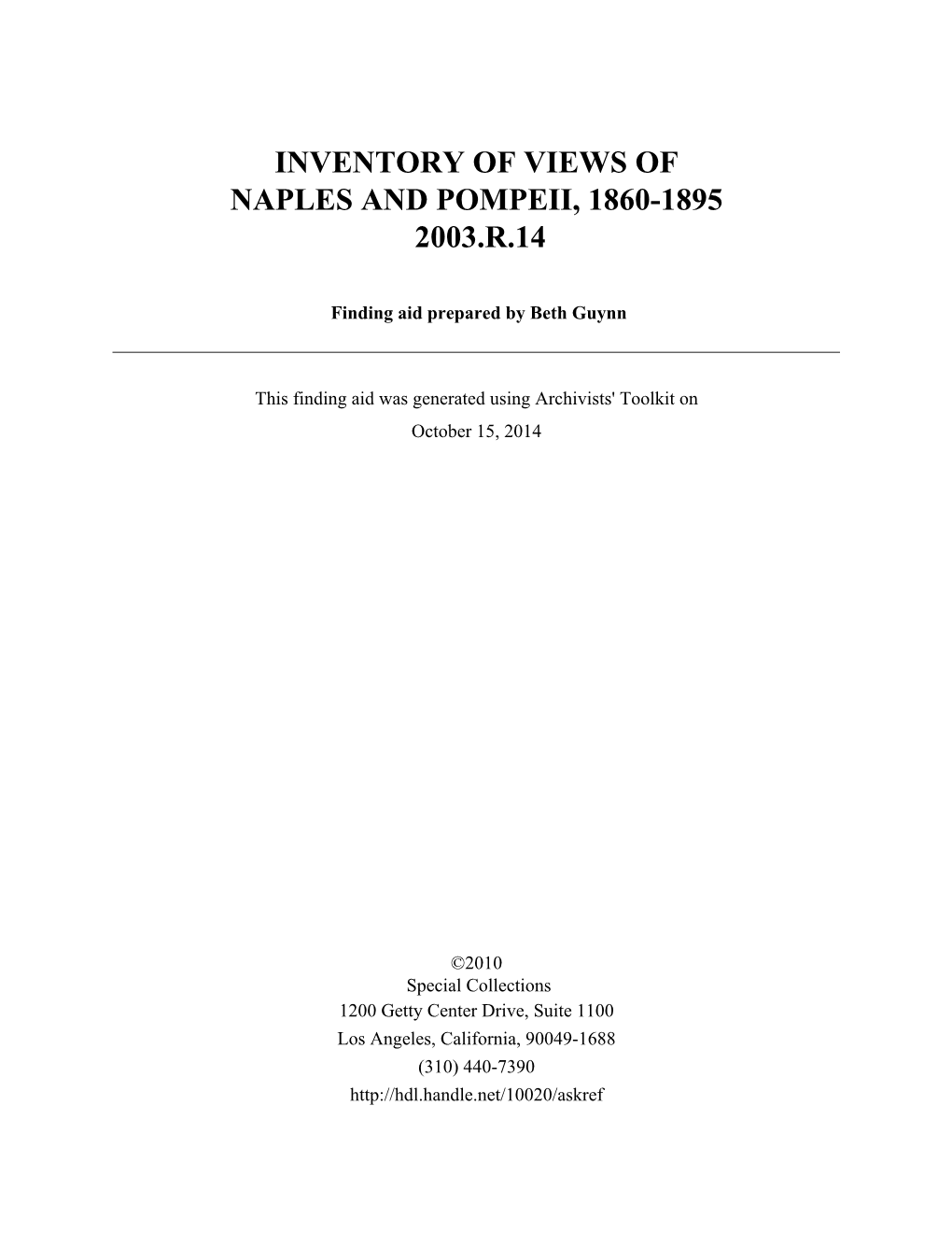 Inventory of Views of Naples and Pompeii, 1860-1895 2003.R.14