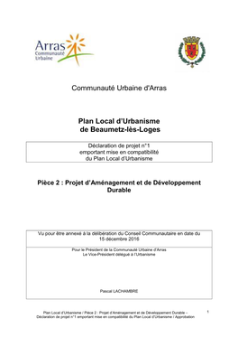 Communauté Urbaine D'arras Plan Local D'urbanisme De Beaumetz-Lès-Loges