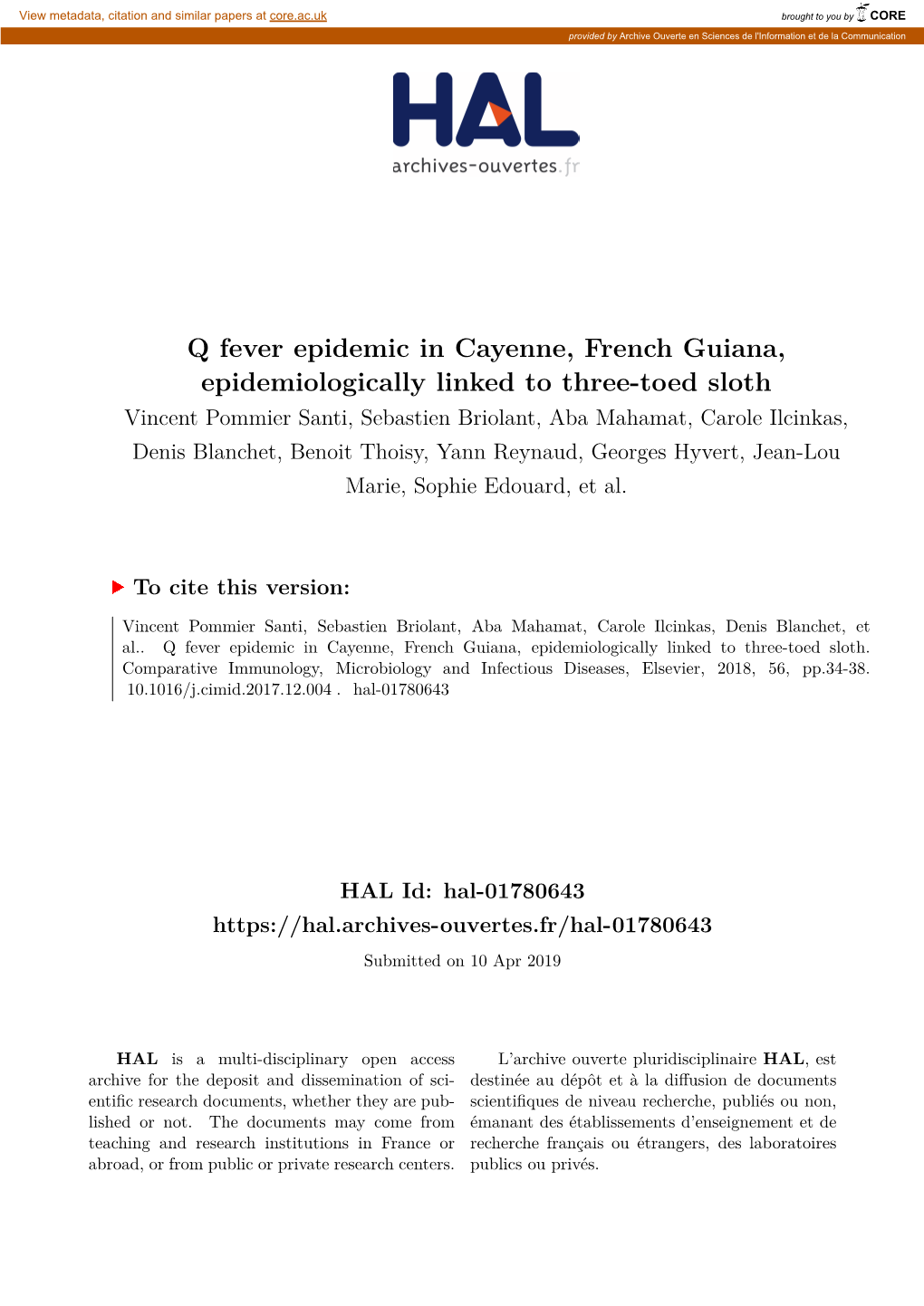 Q Fever Epidemic in Cayenne, French Guiana, Epidemiologically Linked To