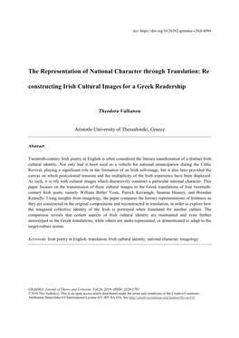 The Representation of National Character Through Translation: Re- Constructing Irish Cultural Images for a Greek Readership