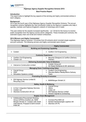 Highways Agency Supplier Recognition Scheme 2011