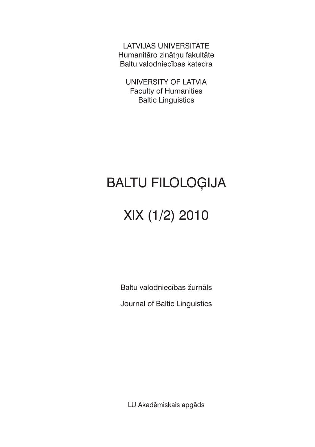 Baltu Filoloģija XIX (1/2) 2010