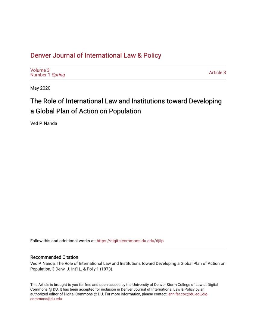 The Role of International Law and Institutions Toward Developing a Global Plan of Action on Population
