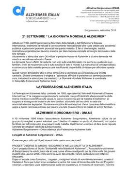 21 Settembre “ La Giornata Mondiale Alzheimer” La Federazione Alzheimer Italia Alzheimer Borgomanero
