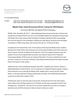 Mazda Team Joest Announces Driver Lineup for 2018 Season