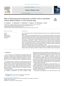 Effect of Heterozygous Beta Thalassemia on Hba1c Levels in Individuals T Without Diabetes Mellitus: a Cross Sectional Study ⁎ D