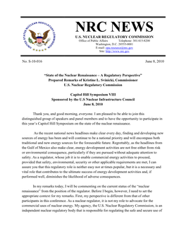 State of the Nuclear Renaissance – a Regulatory Perspective” Prepared Remarks of Kristine L
