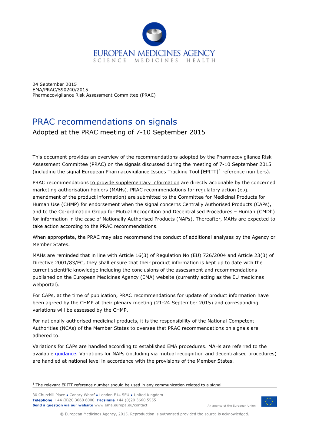 PRAC Recommendations on Signals Adopted at the PRAC Meeting of 7-10 September 2015