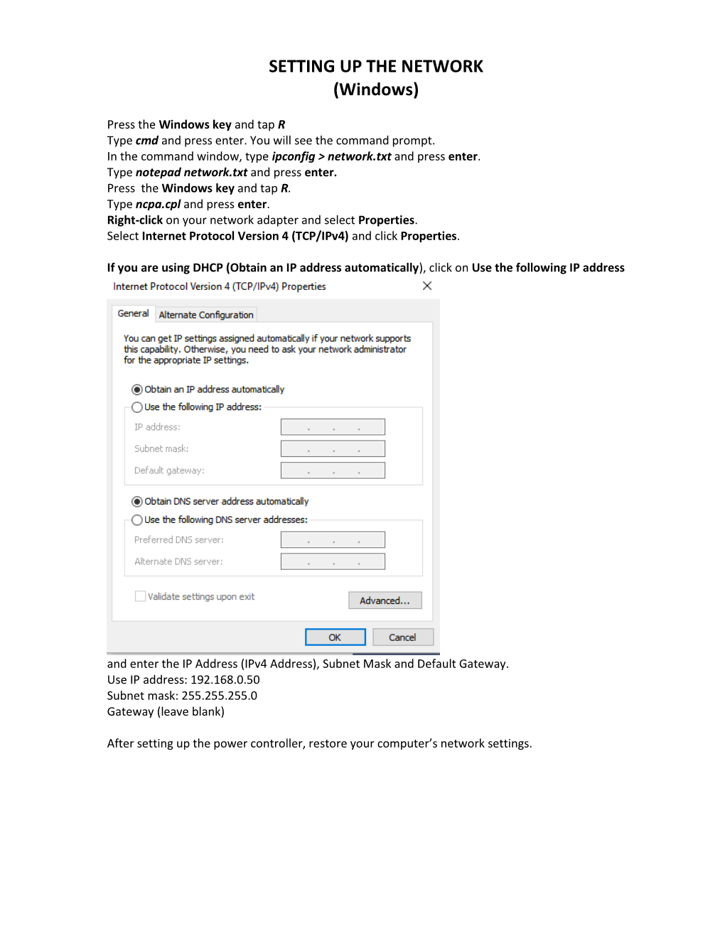 SETTING up the NETWORK (Windows)