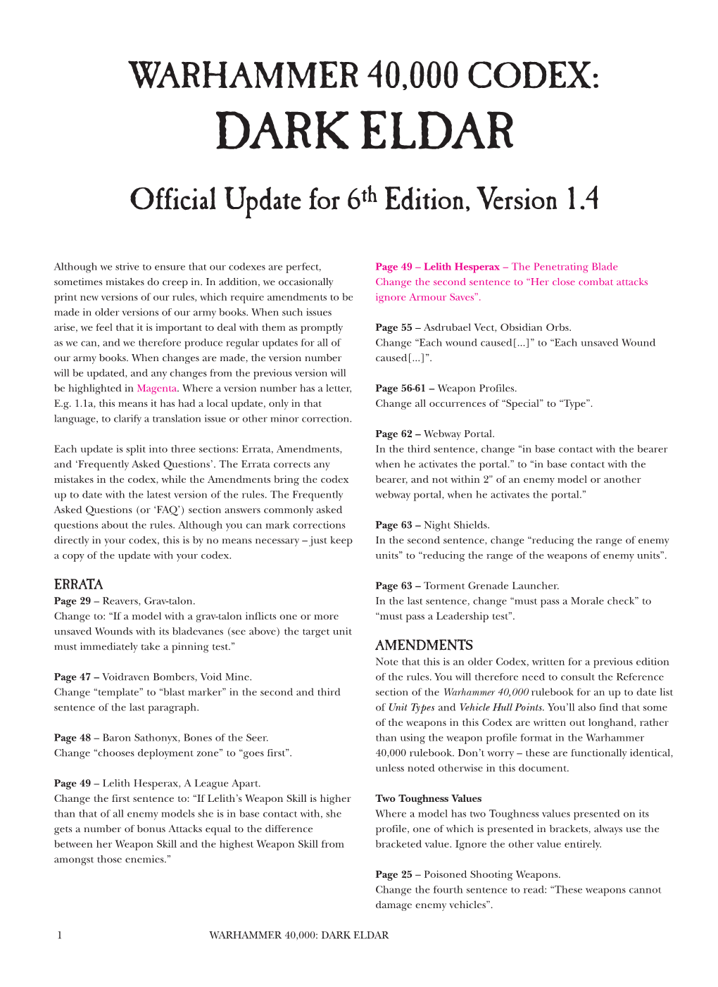 DARK ELDAR Official Update for 6 Th Edition, Version 1.4