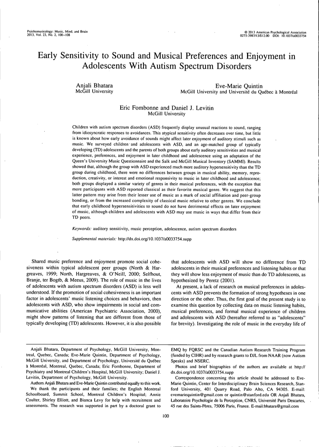 Early Sensitivity to Sound and Musical Preferences and Enjoyment in Adolescents with Autism Spectrum Disorders