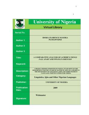 I Linguistics, Igbo and Other Nigerian Languages Webmaster 2009