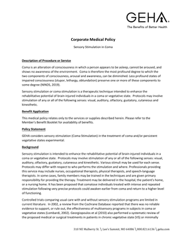 GEHA Coverage Policy: Senory Stimulation in Coma