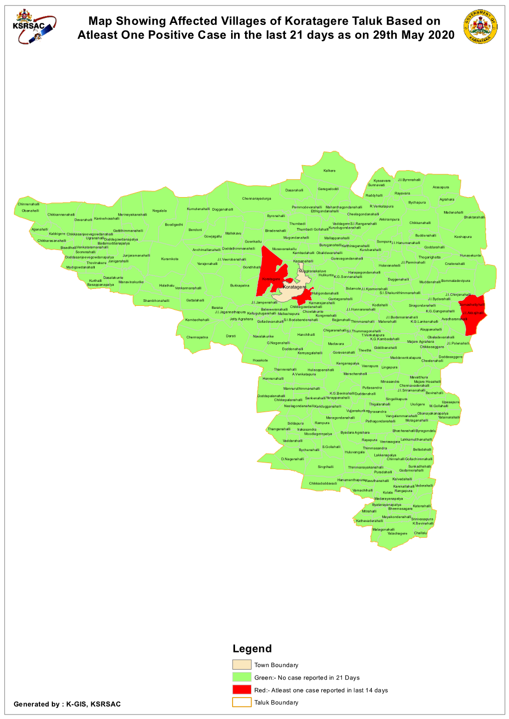 Map Showing Affected Villages of Koratagere Taluk Based on Atleast One Positive Case in the Last 21 Days As on 29Th May 2020