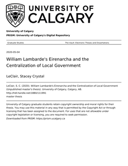 William Lambarde's Eirenarcha and the Centralization of Local Government