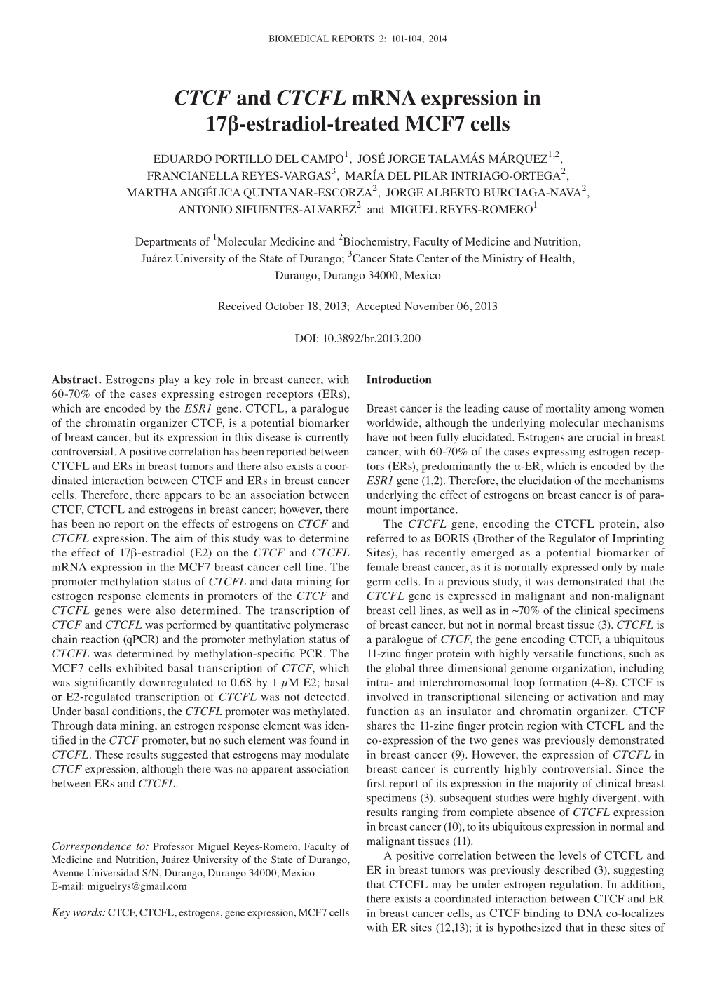 CTCF and CTCFL Mrna Expression in 17Β-Estradiol-Treated MCF7 Cells