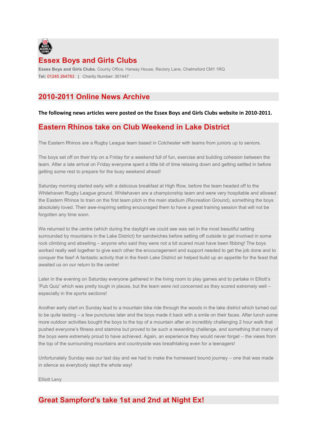 Essex Boys and Girls Clubs 2010-2011 Online News Archive