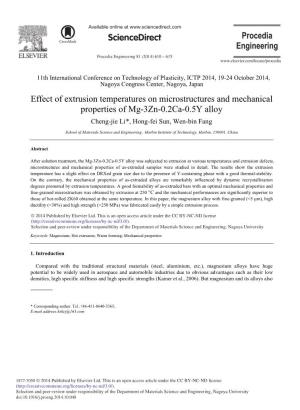 Effect of Extrusion Temperatures on Microstructures and Mechanical Properties of Mg-3Zn-0.2Ca-0.5Y Alloy Cheng-Jie Li*, Hong-Fei Sun, Wen-Bin Fang
