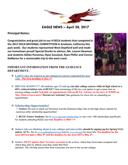 EAGLE NEWS – April 28, 2017 Principal Notes