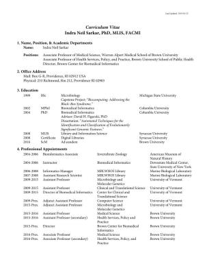 Curriculum Vitae Indra Neil Sarkar, Phd, MLIS, FACMI