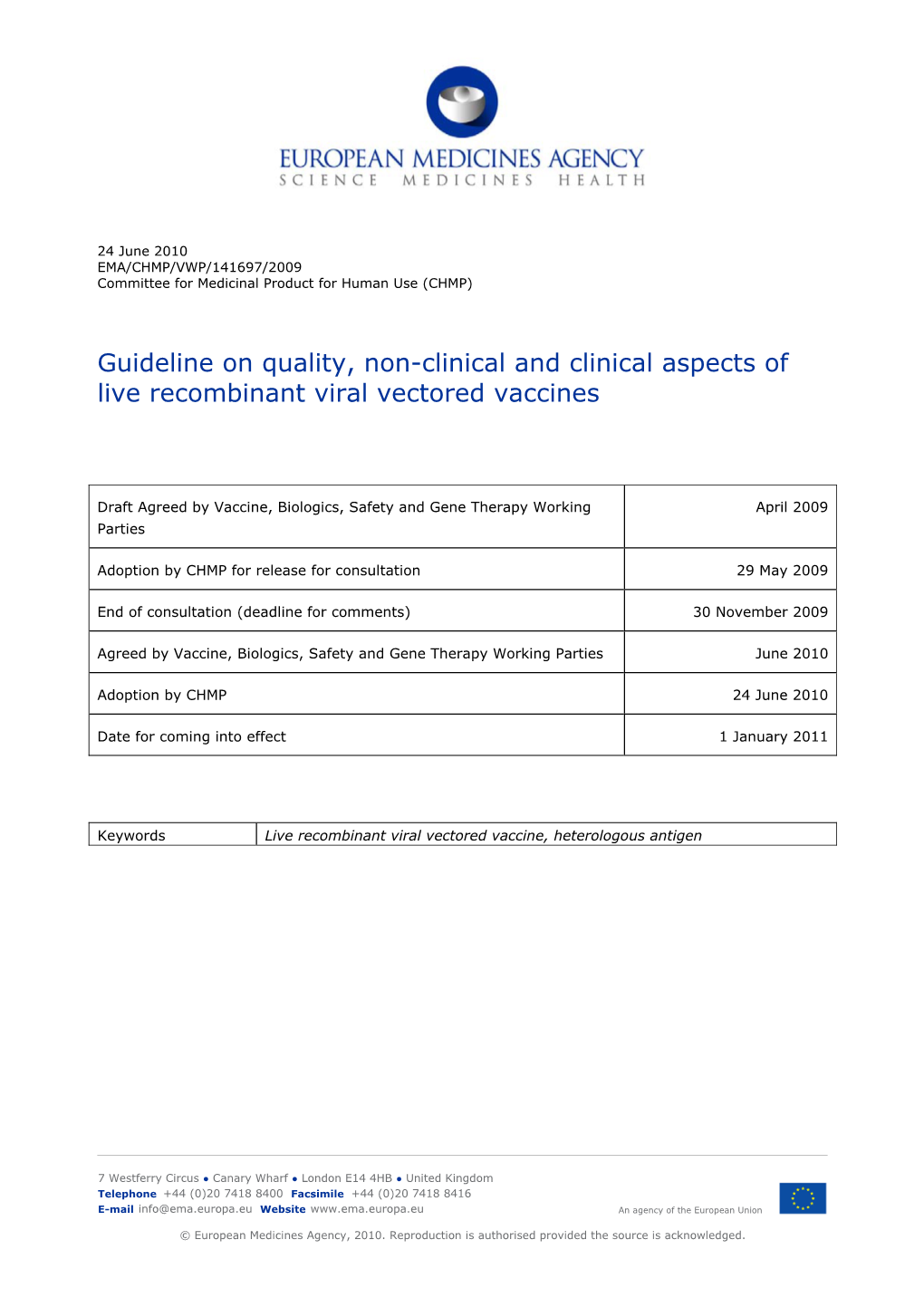 Guideline on Quality, Non-Clinical and Clinical Aspects of Live Recombinant Viral Vectored Vaccines